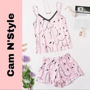 New Pink Lace Satin Silk-Like Pajama Set